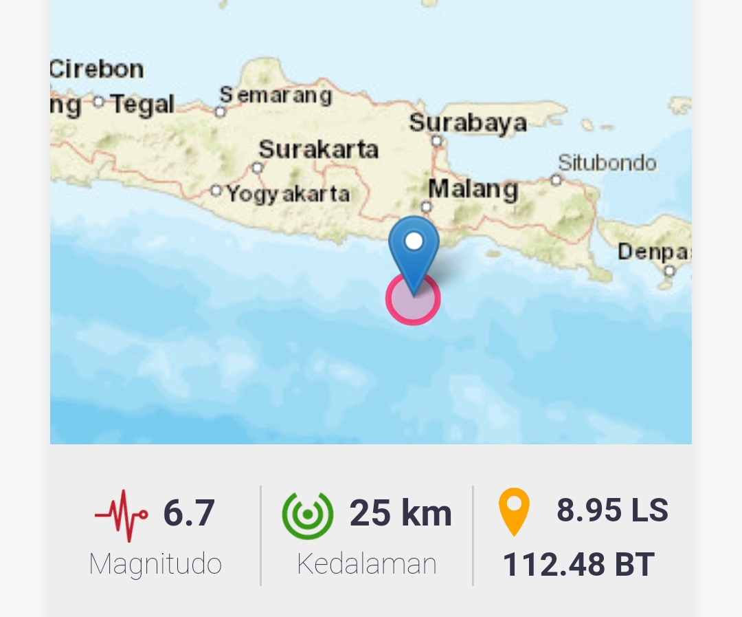 BMKG: Gempa M6,7 di Selatan Malang Tidak Berpotensi Tsunami
