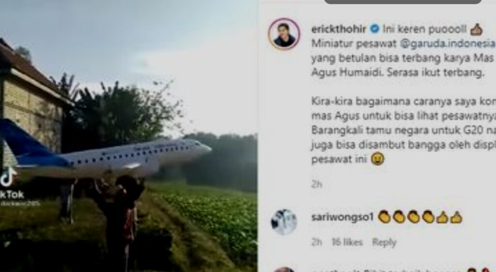 Menteri BUMN Erick Thohir Cari Pembuat Pesawat Miniatur Asal Sampang